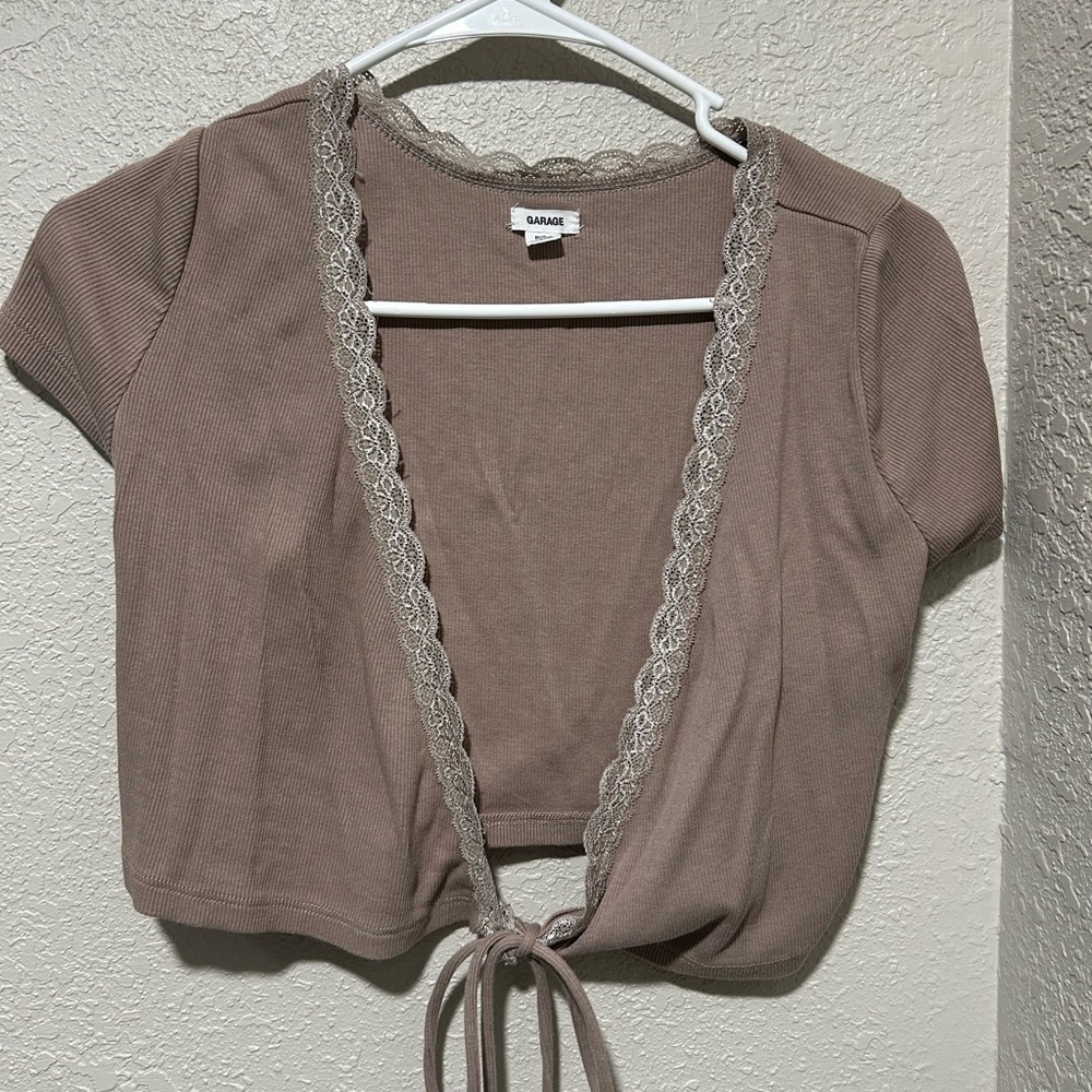 Garage Taupe Lace Trim Blouse